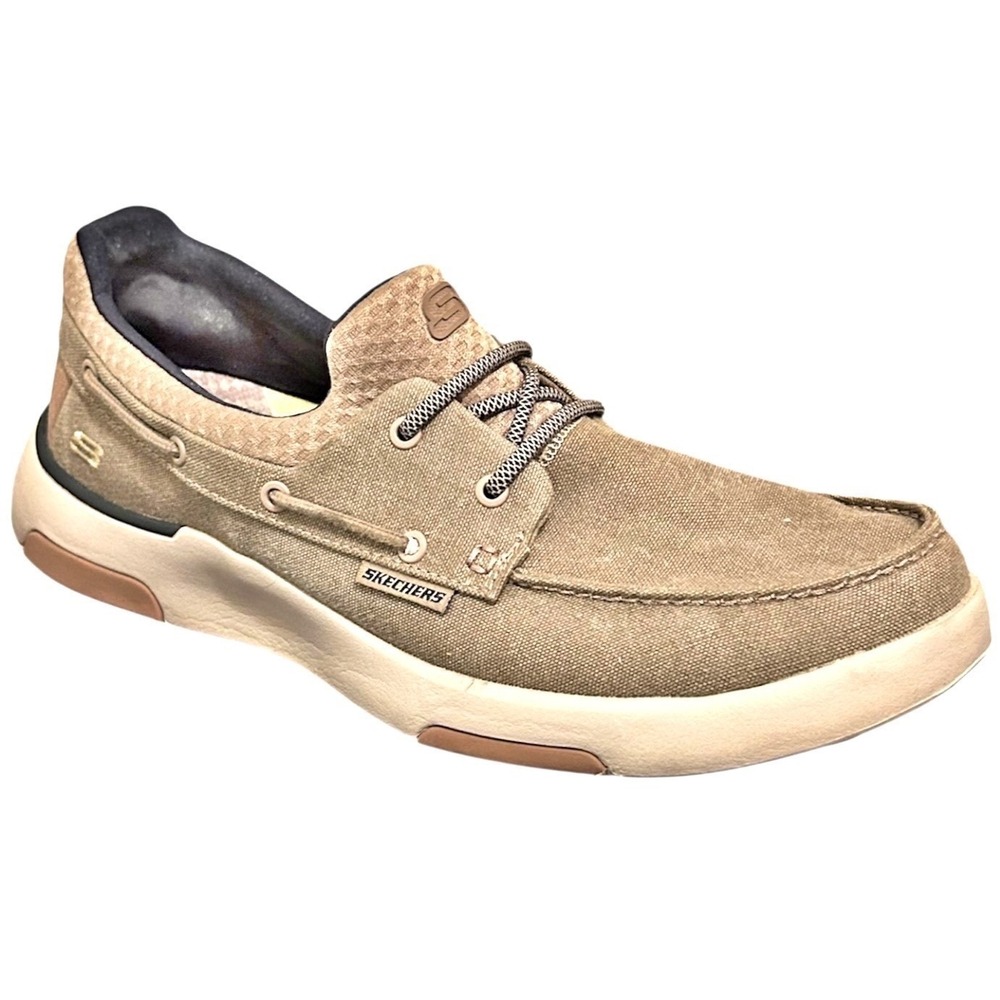 Skechers Bellinger Garmo Boat Shoes Mens 10 Tan Brown Slip On Canvas Memory Foam